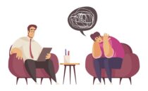 Man with mental problems thinking of suicide having psychological therapy session with male psychologist cartoon isolated vector illustration S