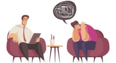 Man with mental problems thinking of suicide having psychological therapy session with male psychologist cartoon isolated vector illustration S